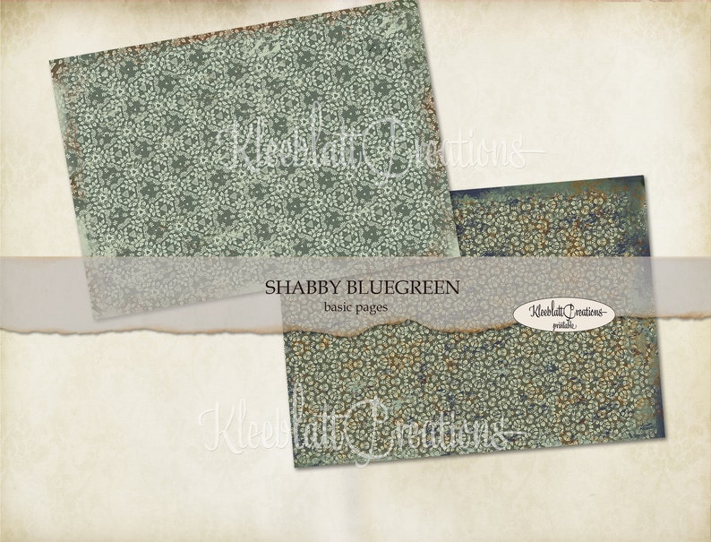 May include: Two digital paper backgrounds with a blue-green and gold floral pattern. The text "Shabby Bluegreen basic pages" is printed on the image.