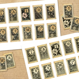 May include: A set of 20 printable alphabet cards featuring vintage illustrations of flowers, plants, and other botanical elements. Each card has a letter of the alphabet in a black circle with a decorative border. The cards are printed on a white background.
