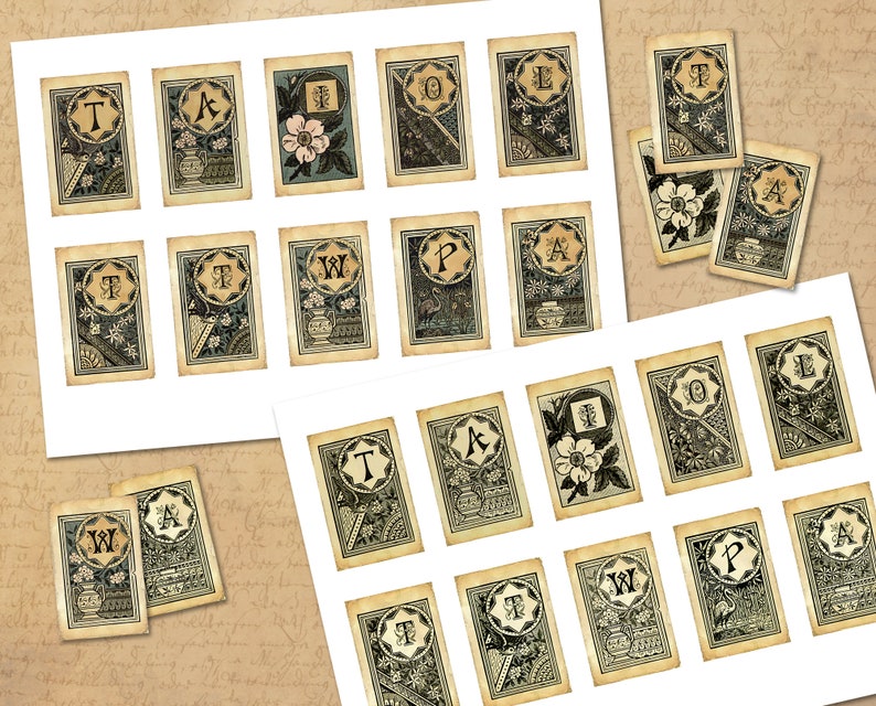 May include: A set of 20 printable alphabet cards featuring vintage illustrations of flowers, plants, and other botanical elements. Each card has a letter of the alphabet in a black circle with a decorative border. The cards are printed on a white background.