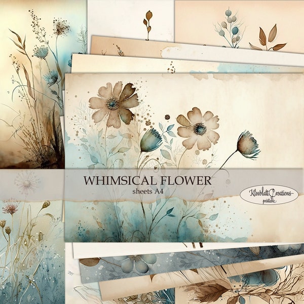 WHIMSICAL FLOWER Journal Pages, 21x29,7 Flower Junk Journal Printables, Digital Sheets, Scrapbook Paper, Journaling, Paper Craft, Diy A4