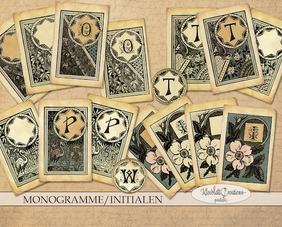 MONOGRAMME/INITIALEN, journaling Karten, vintage Ephemera Kit für Junk Journal, Notizbuch & Scrapbook, schmuck Buchstaben, Digital Download
