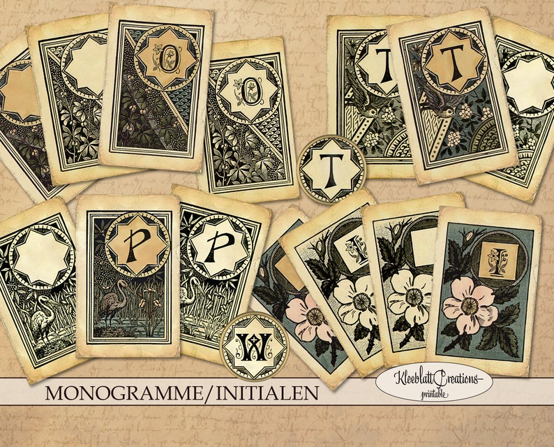 May include: A set of printable vintage style monogram cards featuring various floral and nature designs. The cards include letters O, P, T, and W. The text "MONOGAMMME/INITIALEN" is at the bottom of the image.