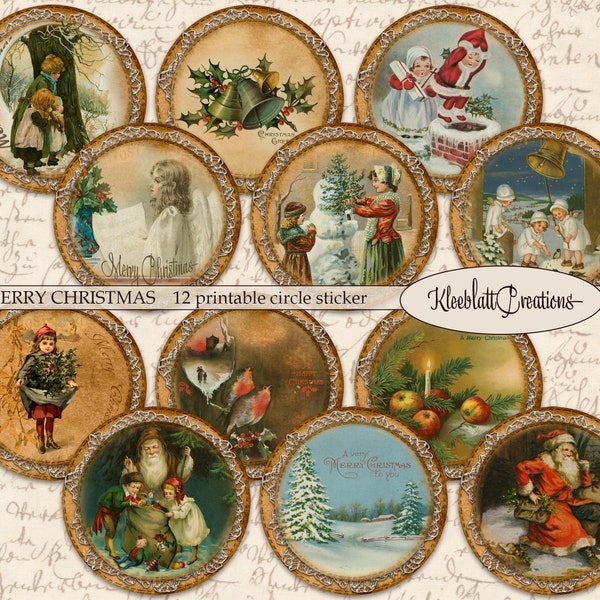 Sticker Christmas Printable - Nostalgia Circles - DIGITAL DOWNLOAD - Silhouette - Vintage Merry Christmas Circle Sticker - Clip Art - DIY