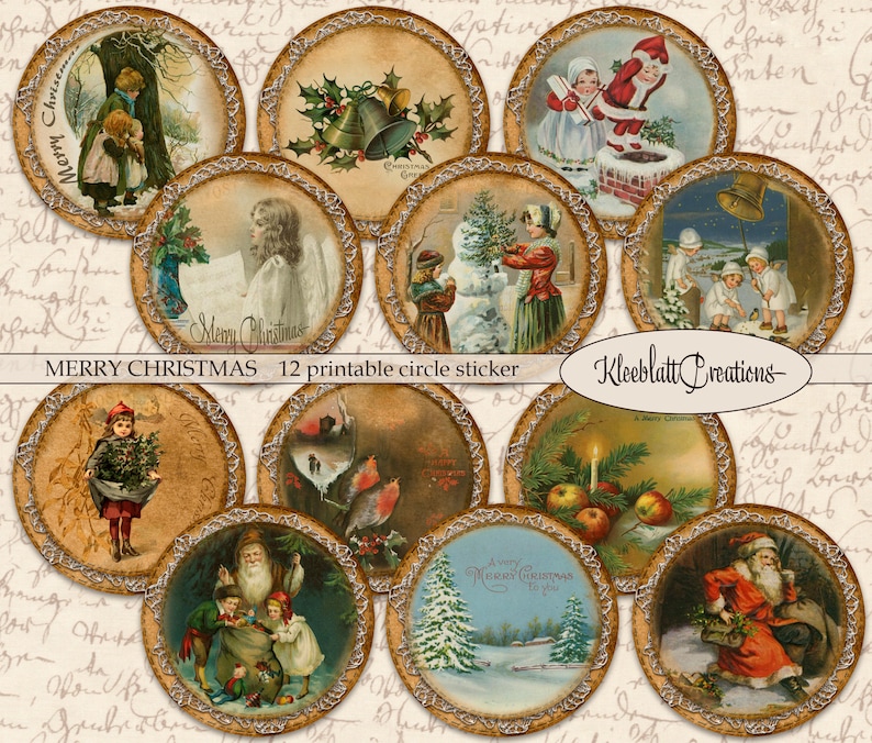 Pode incluir: Doze adesivos circulares de Natal imprim&iacute;veis com ilustra&ccedil;&otilde;es vintage de anjos, bonecos de neve, Papai Noel e outras cenas festivas. Os adesivos s&atilde;o projetados com um estilo r&uacute;stico e antigo.
