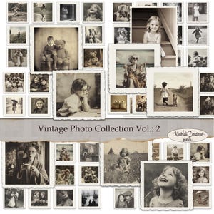 Könnte beinhalten: Eine Sammlung von Vintage-Schwarz-Weiß-Fotografien mit zerrissenen Rändern. Die Bilder zeigen Kinder, Erwachsene und Szenen aus der Vergangenheit. Der Text "Vintage Photo Collection Vol.: 2" ist unten zu sehen. Die Sammlung umfasst eine Vielzahl von Porträts und Schnappschüssen.