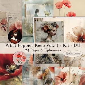 Poppy Junk Journal Kit WHAT Poppies KEEP - Digitaler Download, Vintage Grunge Papers, Ephemera, Red Floral Printable, Scrapbook DU