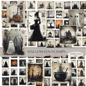HALLOWEEN STAMPS Collection, Dark Printable Ephemera, Embellissements, Cartes de journalisation, Junk Journal, 2 Tailles, Papier numérique, Paper Craft