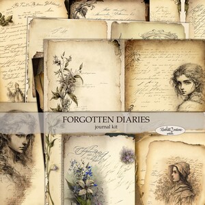 Puede incluir: Un kit de collage digital con una est&eacute;tica vintage que presenta texto escrito a mano, ilustraciones bot&aacute;nicas y bocetos de mujeres. El kit se titula "Forgotten Diaries" e incluye el texto "journal kit".
