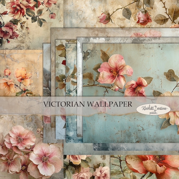 VICTORIAN WALLPAPER Journal Seiten, Junk Journal digital Papier, Collage Seiten, Scrapbook, Blumen, Grungy,  Digital Download