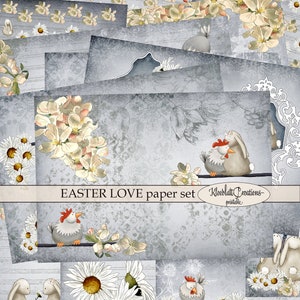 Könnte beinhalten: Ein digitales Papierpaket mit grauem Hintergrund und verschiedenen Designs mit einem Hasen und einem Huhn, Blumen und einem Damastmuster. Der Text "EASTER LOVE paper set" und "Kleeblatt Creations - printable" ist im Bild enthalten.