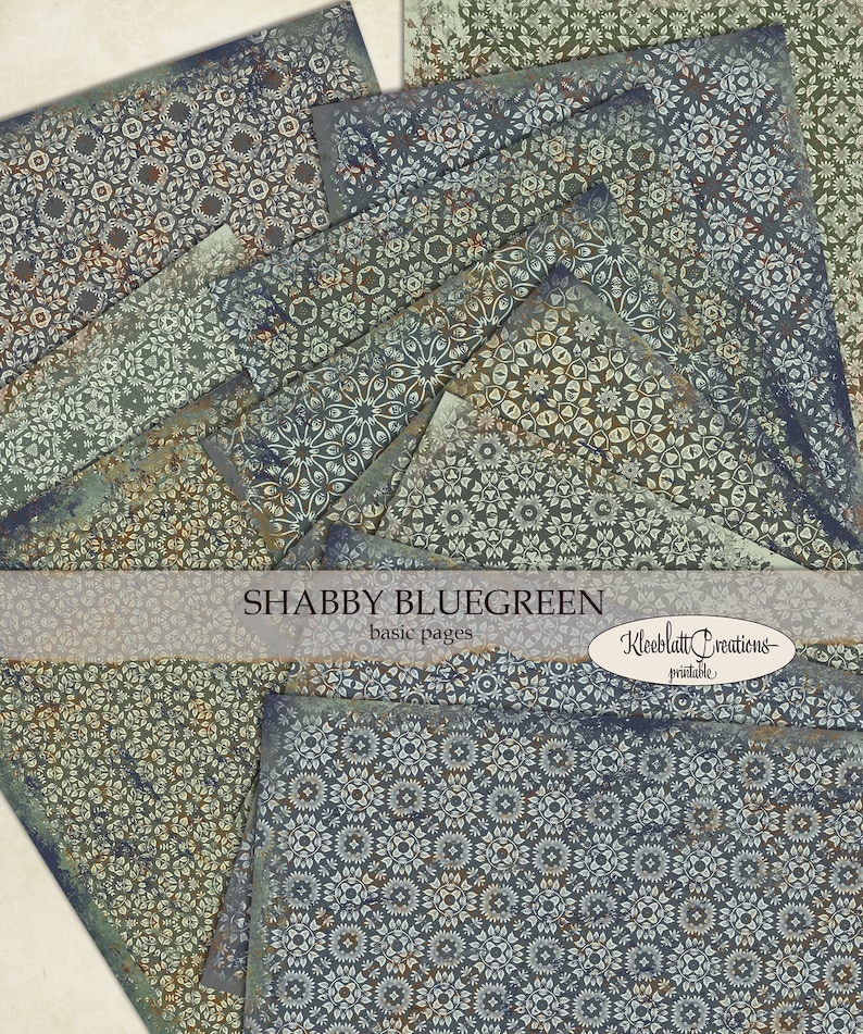 May include: A set of digital paper backgrounds featuring a blue-green color scheme with a white geometric pattern. The papers have a distressed, vintage look. The text "Shabby Bluegreen basic pages Kleeblatt Creations - printable" is visible at the bottom of the image.