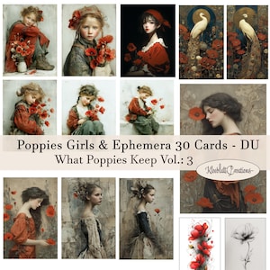 Poppy Journal Cards WHAT POPPIES KEEP - Digital Download, Vintage Grunge Papers, Ephemera, Red Floral Printable, Scrapbook