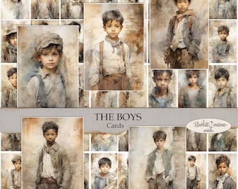 May include: A collage of watercolor paintings featuring portraits of boys. The boys are depicted in various poses and expressions, with some wearing hats and others with their hair styled in different ways. The paintings are set against a background of muted colors and textures, creating a vintage and nostalgic feel. The title "THE BOYS Cards" is displayed at the top of the collage.