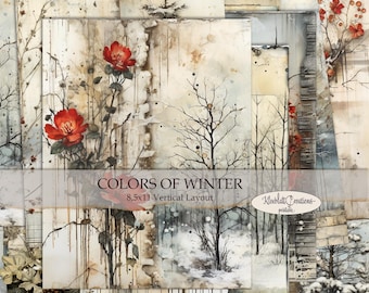 May include: Digital collage sheet with a winter theme. The sheet features a variety of images, including snow-covered trees, red flowers, and a snowy path. The text "Colors of Winter" and "8.5x11 Vertical Layout" is included on the sheet.