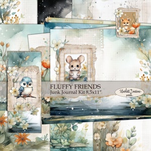 Journal Kit FLUFFY FRIENDS, Page de journal indésirable imprimable, Papier pour enfants et bébés, Scrapbook, Animaux mignons, Papier floral, Téléchargement numérique