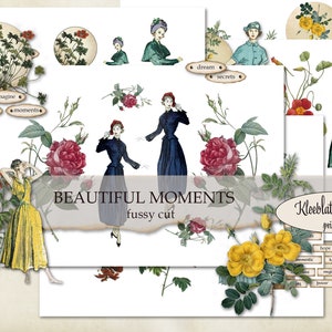 Taglio pignolo BELLISSIMI MOMENTI, Effimeri, Abbellimenti, donne vintage, Bullet Journal, Adesivi digitali, Clip Art Download digitale, Clip Art