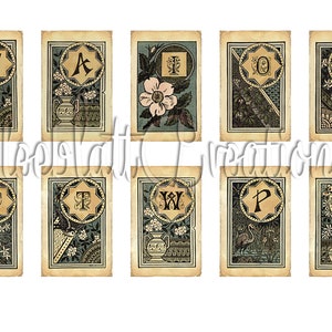 May include: Ten vintage alphabet cards with a decorative border and a letter in the center of each card. The letters are T, A, I, O, L, T, T, W, P, and A. The cards have a light brown background with a blue and green design.