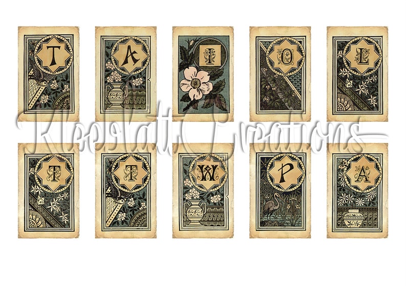 May include: Ten vintage alphabet cards with a decorative border and a letter in the center of each card. The letters are T, A, I, O, L, T, T, W, P, and A. The cards have a light brown background with a blue and green design.