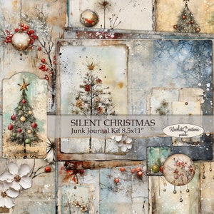 Zestaw dziennika śmieci SILENT CHRISTMAS, papier świąteczny, strona kolażu do druku, notatnik, Digital Download