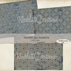 May include: Three digital paper designs featuring a blue and green geometric pattern with a distressed, vintage look. The text "SHABBY BLUEGREEN basic pages" is included in the image.