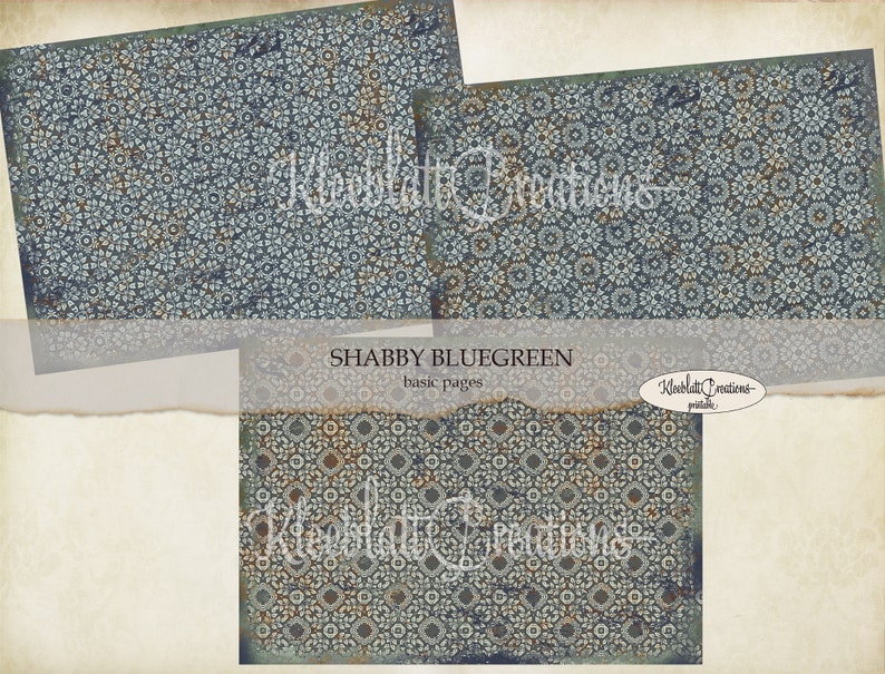 May include: Three digital paper designs featuring a blue and green geometric pattern with a distressed, vintage look. The text "SHABBY BLUEGREEN basic pages" is included in the image.