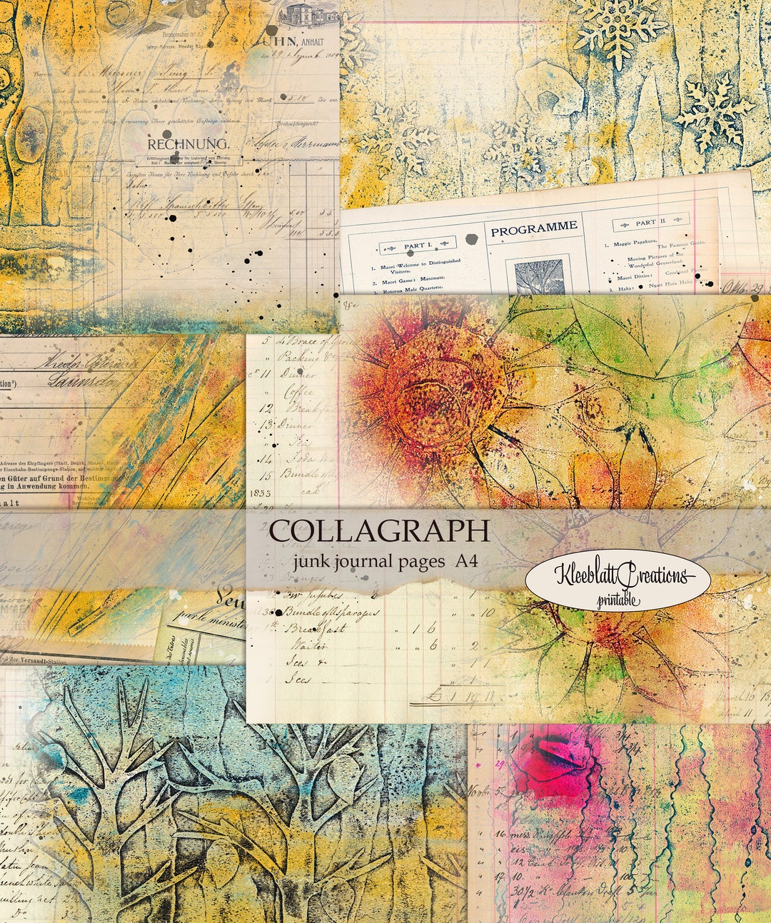 Collu Paper Collagraph, Junk Journal Pages, Gelli Print and Ledger Paper, Collage ...