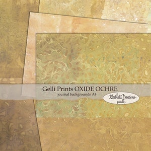 May include: Four sheets of textured paper with a yellow, brown, and green pattern. The paper is labelled "Gelli Prints OXIDE OCHRE journal backgrounds A4 KleeBlatt Creations - printable".