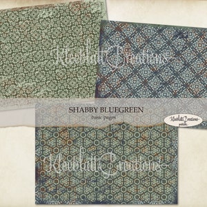 May include: Three digital paper designs with a blue-green color scheme and intricate patterns. The papers have a distressed, vintage look. The text "SHABBY BLUEGREEN basic pages" is visible in the center of the image.