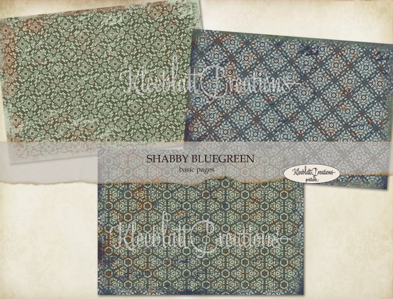 May include: Three digital paper designs with a blue-green color scheme and intricate patterns. The papers have a distressed, vintage look. The text "SHABBY BLUEGREEN basic pages" is visible in the center of the image.