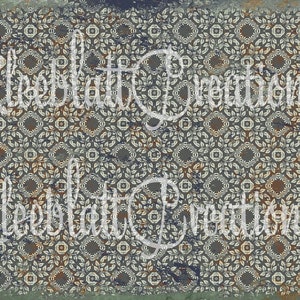 May include: A seamless pattern digital paper with a distressed, vintage look. The pattern features a repeating design of small, intricate floral motifs in shades of blue, green, and brown. The background is a dark gray with a subtle texture.