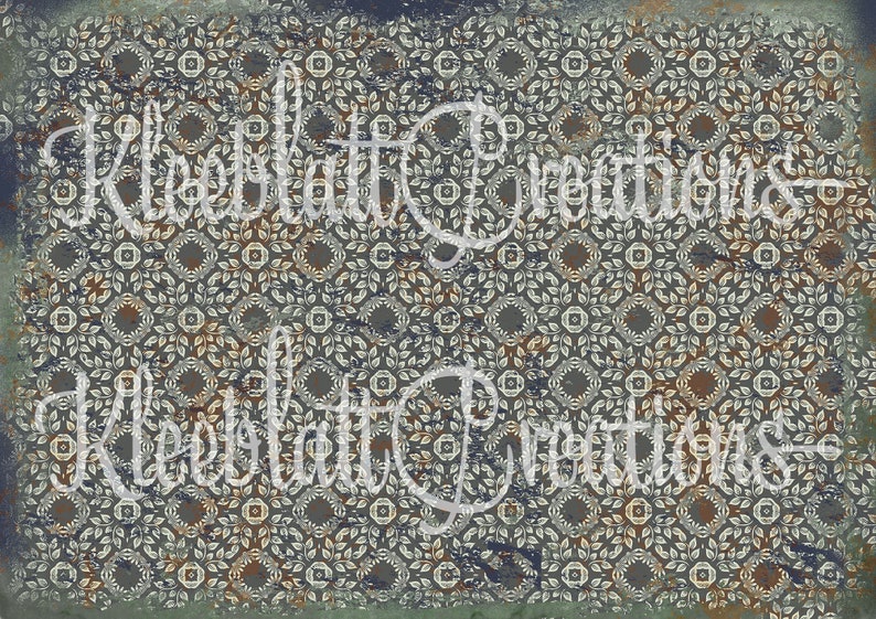 May include: A seamless pattern digital paper with a distressed, vintage look. The pattern features a repeating design of small, intricate floral motifs in shades of blue, green, and brown. The background is a dark gray with a subtle texture.