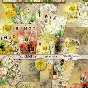 SERENITY EPHEMERA, Junk Journal Elements, Embellishments, Botanical Printable Elements, Flower Digital, Floral Scrapbook, Spring Bingo