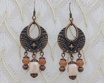 Earth tone beaded crystal earrings, antique copper teardrop & coin  chandelier earrings, boho bead stack dangle earrings