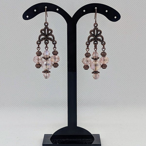 Pink antique copper chandelier earrings, light rose stacked crystal bead earrings, sparkly long statement earrings, gift for her under 30