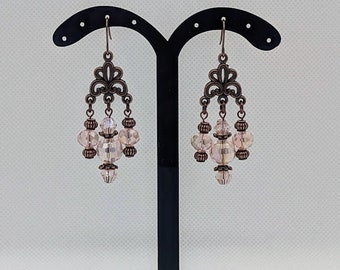 Pink antique copper chandelier earrings, light rose stacked crystal bead earrings, sparkly long statement earrings, gift for her under 30