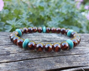 Teal and brown beaded bracelet, boho glass and wood stretch bracelet, large size lampwork stretch bracelet