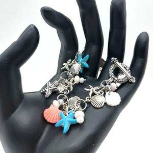 Turquoise Coral Ocean Charm Bracelet: Silver Starfish Shell Jewelry image 5