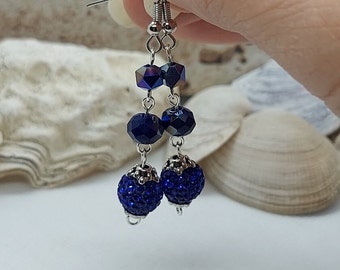 Indigo crystal dangle earrings, royal blue pave earrings, long silver beaded earrings
