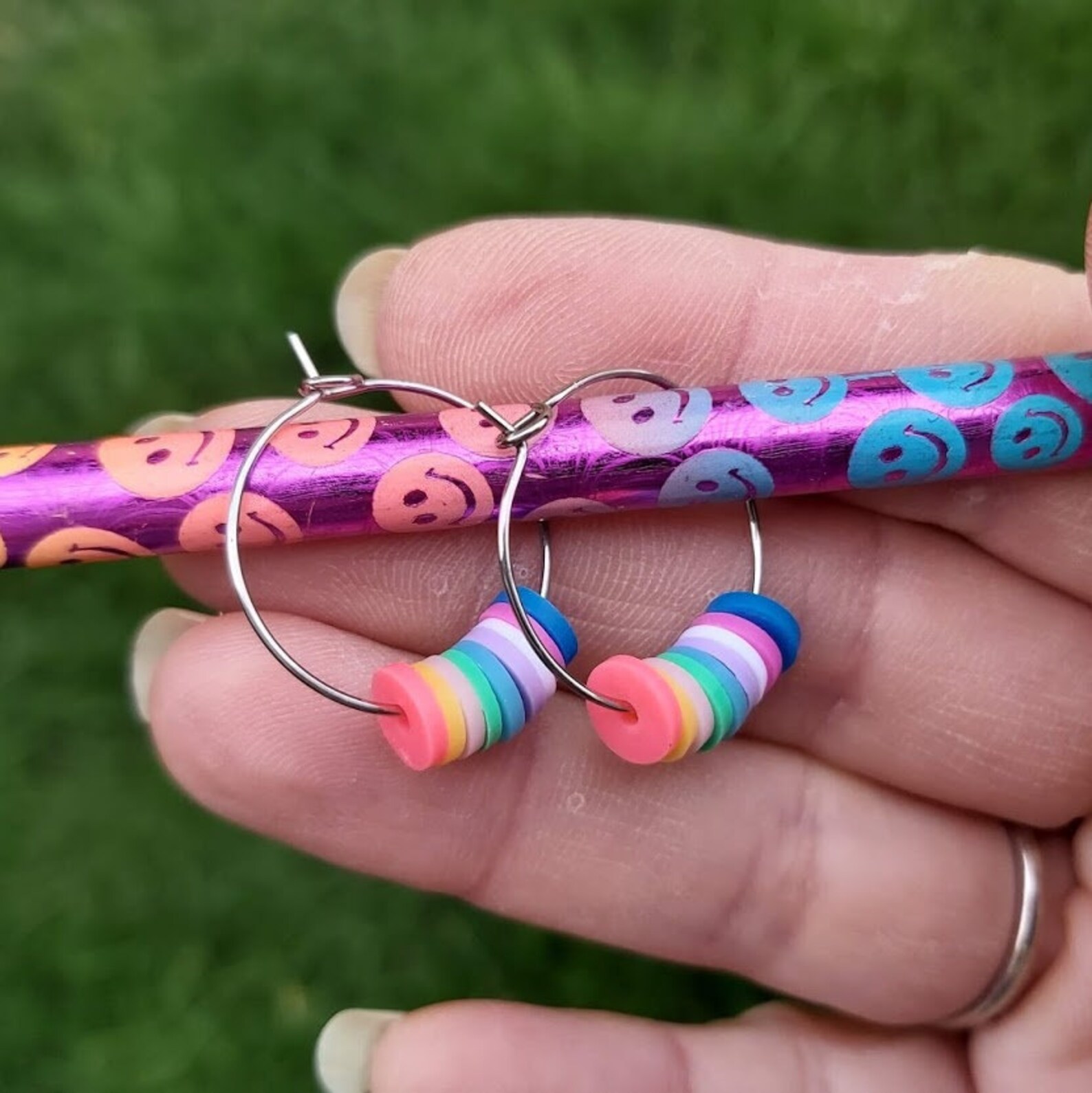 Hoop earrings with beads polymer clay earrings rainbow hoop Etsy
