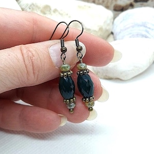 Forest green stacked barrel bead dangle earrings, Boho antique bronze earrings, Czech glass beaded earrings, gift for her under twenty