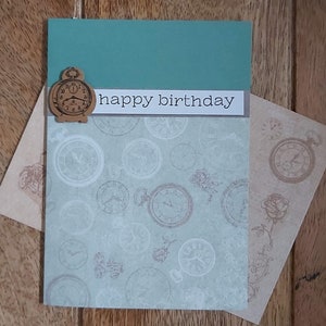 Horloge carte d'anniversaire pour lui, carte de voeux, carte verte et beige