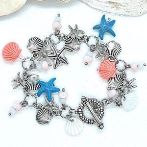 Turquoise Coral Ocean Charm Bracelet: Silver Starfish Shell Jewelry image 6