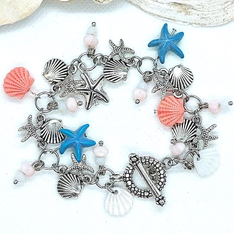 Turquoise Coral Ocean Charm Bracelet: Silver Starfish Shell Jewelry image 6