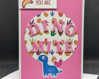 Childrens dinosaur birthday card, greeting card, pink birthday card