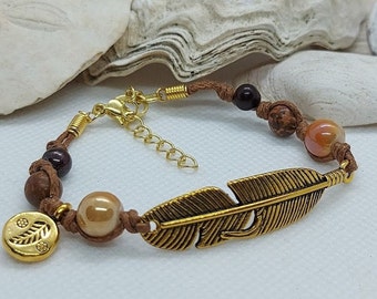 Waxed cotton cord golden feather focal bracelet, earth tone moukaite & jasper gemstone beaded bracelet, adjustable knotted cord bracelet