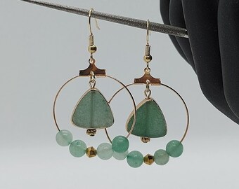 Green and gold hoop earrings, green aventurine gemstone beaded hoop earrings, triangle statement hoop earrings, crystal earrings