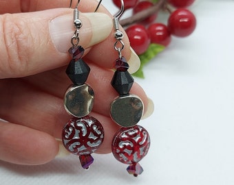 Red black & silver stacked bead earrings, Czech glass and crystal dangle earrings, lentil coin diamond triangle beaded earrings