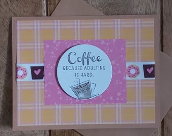 Blank pink and yellow plaid card, greeting card, coffee card, coffee and donuts