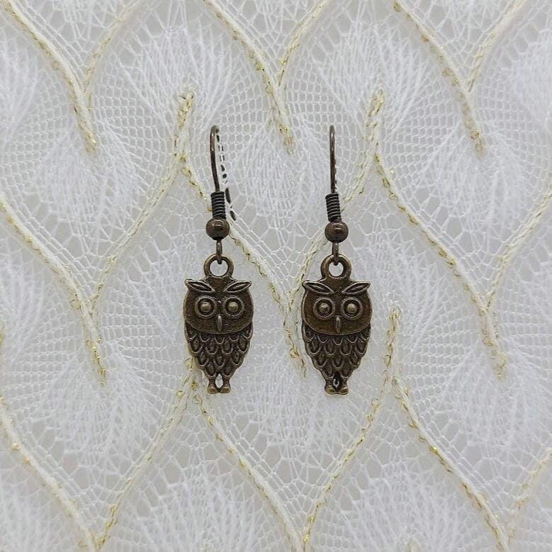 Antique bronze owl charm earrings, boho owl dangle earrings, minimalist, gift for her under fifteen 