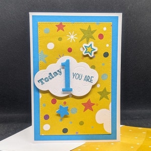 Carte 1er anniversaire, carte d'anniversaire d'enfant, carte de voeux, carte nuage jaune et bleu